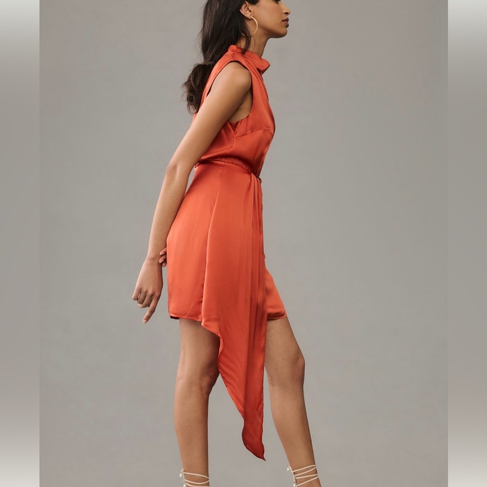 Mock neck draped silk dress by Anthropologie Orange baked paprika - Picture 3 of 8